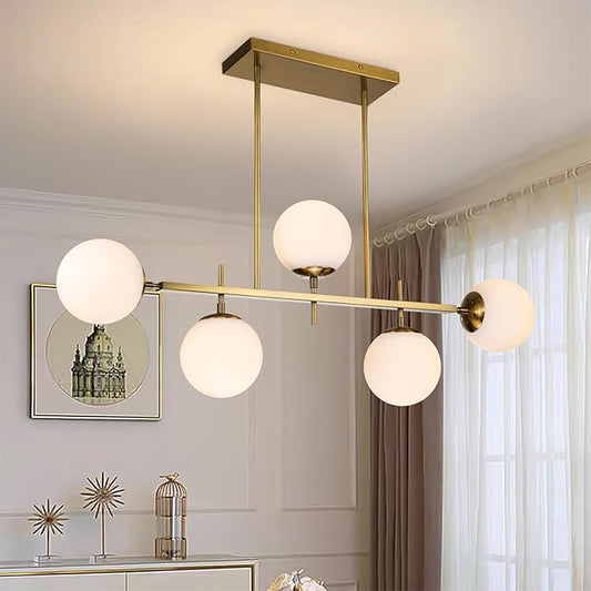 EDISLIVE Modern Milk Globe Chandelier 5-Light Glass Globe Pendant Light Fixture 39.4in E26 Linear Hanging Lighting for Kitchen Island Dinning Room Living Room Gold