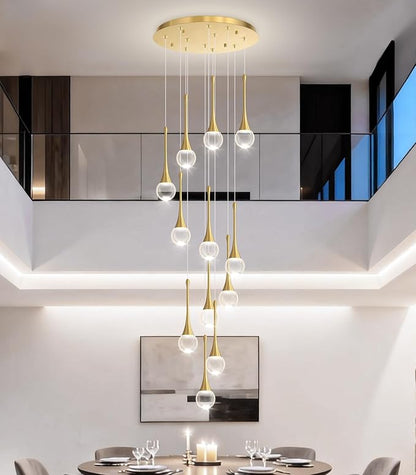 12 Light High Ceiling Crystal Chandelier Dimmable LED Pendant Lights with Remote Adjustable Chandeliers for Foyer Staircase Living Room Gold