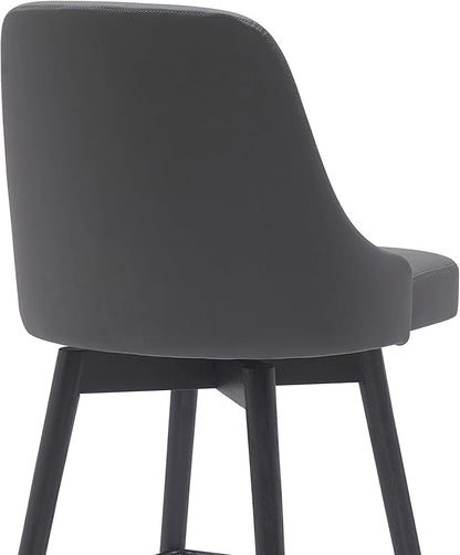 Armen Living Sicily Modern Farmhouse 30" Seat Height Swivel Black Wood Bar Stool for Kitchen Island Counter in Gray Faux Leather