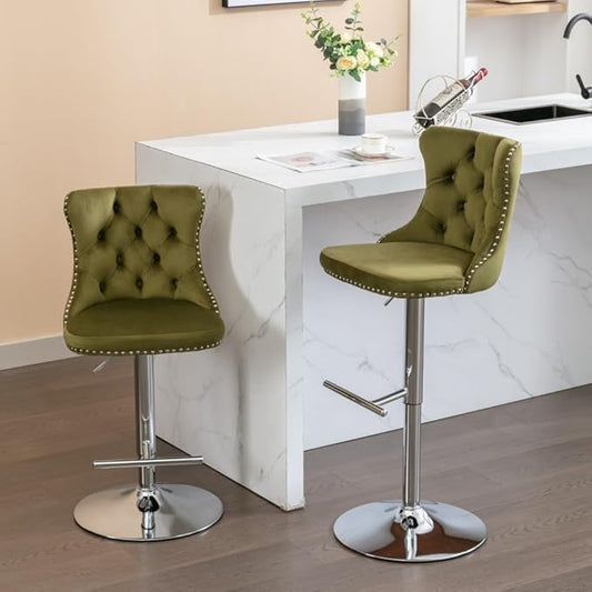 Premium Velvet Upholstered Swivel Bar Stool with Adjustable Height and Tufted Backrest for Kitchen Island, Home Bar, and Dining Space (Foam + Olive Green + Velvet)