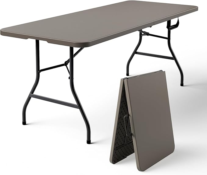 Folding Table 6FT Heavy Duty Plastic Table with Handle, Foldable&Portable, Fold-in-Half Utility Tables for Outdoor, Dining, Wedding, Events, Indoor, Picnic, Camping, Party,Khaki