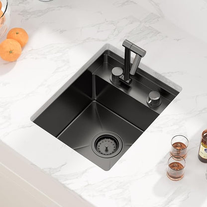 Sarlai Undermount Bar Sink, 15x18 Inch Undermount Outdoor Sink Workstation with Foldable Faucet Bar Prep Single Bowl Gunmetal Black 16 Gauge Stainless Steel Sinks with Cover BBQ Sinks Outside