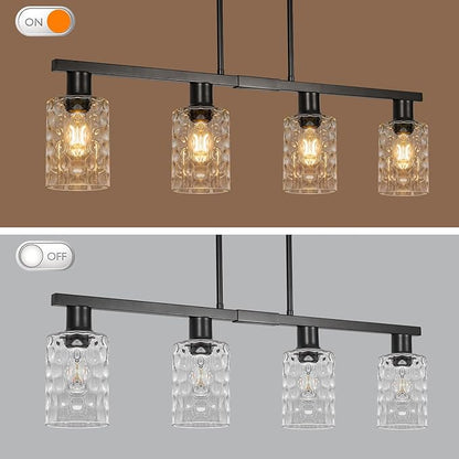 4-Light Kitchen Island Lighting Black Dining Room Light Fixture with Hammered Glass Shade 31" Modern Linear Chandelier Adjustable Hanging Pendant Lighting Over Island Dining Table Living Room
