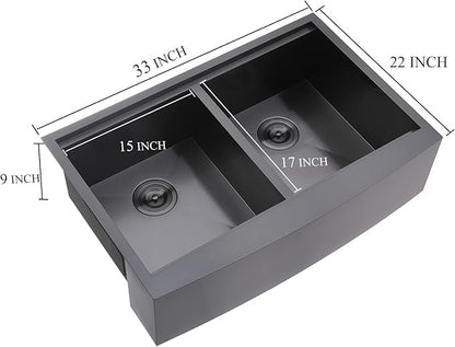 VCCUCINE 33 Inch Gunmetal Black Double Farmhouse Sink, 33X22 Double Bowl Farmhouse Kitchen Sink, 16 Gauge 50/50 Stainless Steel Apron Front Farm Sink, Drop In Workstation Farmer Sink With Accessories