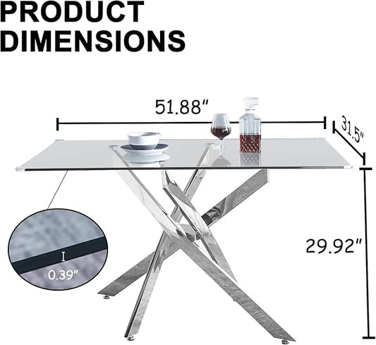 51" Glass Dining Table for 4, Contemporary Rectangular Dining Room Table with Tempered Glass Top & Silver Finish Stainless Steel Legs, Modern Kitchen Table for Home Office