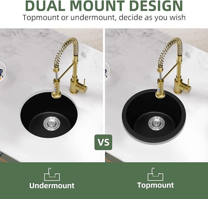 Davivy 15 Inch Black Round Bar Sink,15x15 Dual-Mount Small Granite Bar Prep Sink, Quartz Composite Single Bowl Design with with Bottom Grid & Strainer