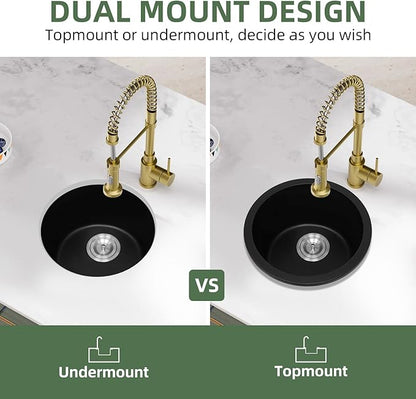 Davivy 15 Inch Black Round Bar Sink,15x15 Dual-Mount Small Granite Bar Prep Sink, Quartz Composite Single Bowl Design with with Bottom Grid & Strainer