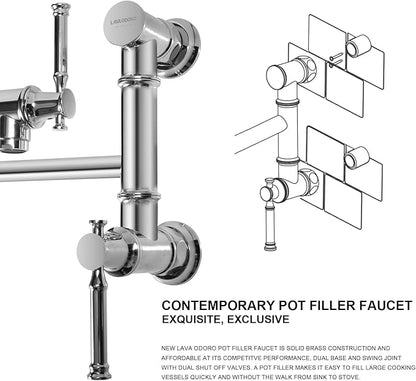 Lava Odoro Chrome Pot Filler Faucet, Two-Attachment Pot Filler Wall Mount Folding Single Hole Kitchen Pot Filler Swing Arm, PF312-C