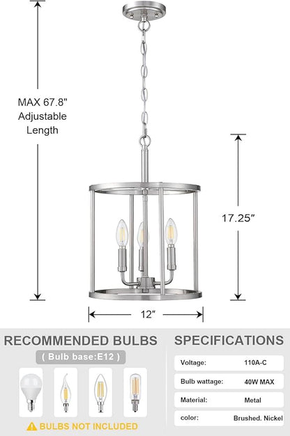 Doraimi Lighting 3-Light Hanging Lantern Pendant Light Fixture Brushed Nickel Finish Geometric Chandelier Adjustable Chain Metal Cage Pendant Lighting for Kitchen Island Dining Room Foyer