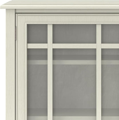 SIMPLIHOME Connaught Storage Cabinet - 46 inch Wide Solid Wood Tall Cabinet in Antique White, Traditional Console for Living Room or Dining Room with Glass Doors, Adjustable Shelves, and Drawers