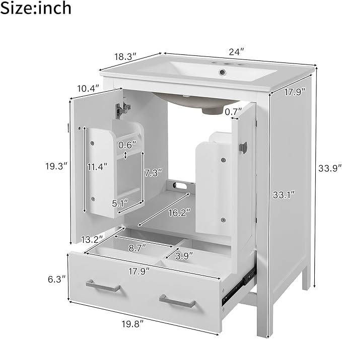 Favfurish 24" Modern Bathroom Vanity with Ceramic Sink, Freestanding Storage Cabinet w/2 Soft-Close Doors & 1 Drawer, Double-Layer Door Shelf, Solid Wood Frame for Small Bathrooms, Easy Assembly,White