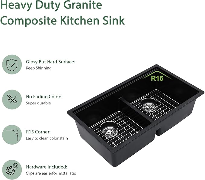 33 Black Undermount Kitchen Sink Granite Composite Quartz Double Bowl Workstation Sinks Low Divide Ledge Under Counter Large Deep Classic Basin,33"x19"x10"