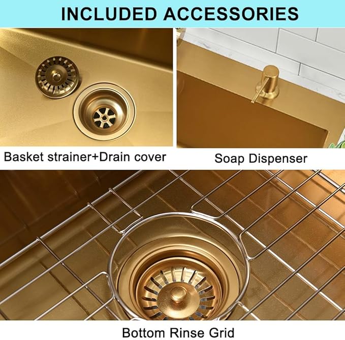 30 Inch Gold Drop In Kitchen Sink- Wesliv 30x18 Inch Kitchen Sink Drop in Sink Stainless Steel Deep Single Bowl Gold Overmount Sink with Bottom Rinse Grid & Soap Dispenser