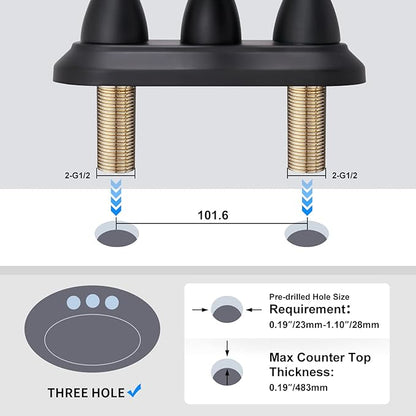 4 Inch Bathroom Sink Faucet Black - 2 Handle Centerset Faucets | 360° Swivel Spout Vintage Vanity Faucet Bathroom with Pop-up Drain Assembly and Water Supply Hoses Matte Black