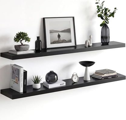 Homeforia Black Floating Shelf 48 inches, High End Solid Real Wood 48 inch Long Floating Shelves for Wall, Black Wooden 48inch Large Floating Shelves, Heavy Duty Bracket, 48 X 6.5 X 1.75 in, Set of 3