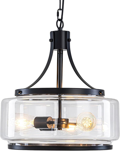 15.7 Inch Glass Drum Dining Room Light Fixture Over Table, Modern Black Chandeliers for Dining Room, Drum Pendant Light for Kitchen,Entryway,Living Room