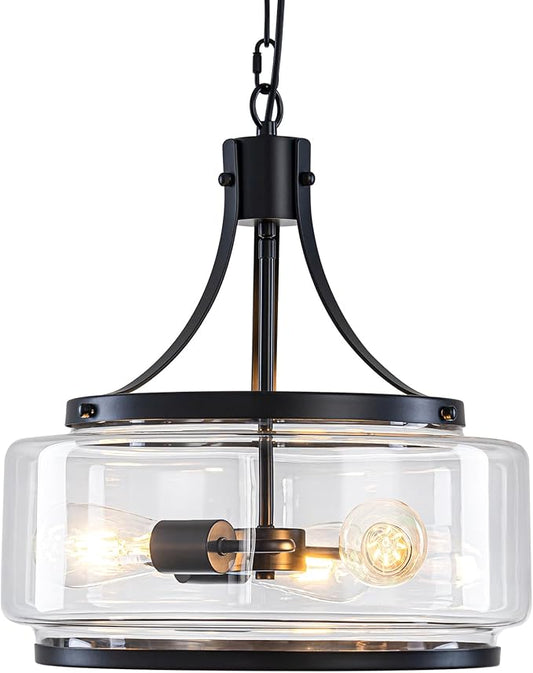 15.7 Inch Glass Drum Dining Room Light Fixture Over Table, Modern Black Chandeliers for Dining Room, Drum Pendant Light for Kitchen,Entryway,Living Room