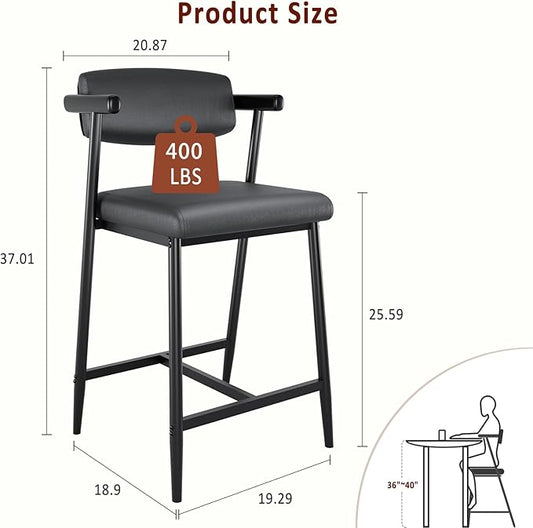 GarveeHome Bar Stools Set of 2, 26.5 in Upholstered Counter Height Bar Stools for 2 with Armrest, Wider Thickened Cushion, Bar Chairs with Backrest for Bar, Dining Room, Kitchen, Retro Black