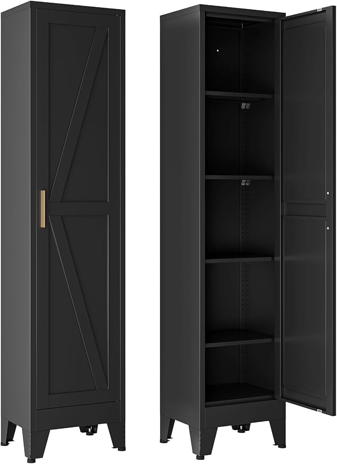 67" Tall Storage Cabinet with Reversible Doors and Adjustable Shelves,Metal Slim Freestanding Cabinet for Bathroom Kitchen Garage Small Spaces,Black,1 Pack