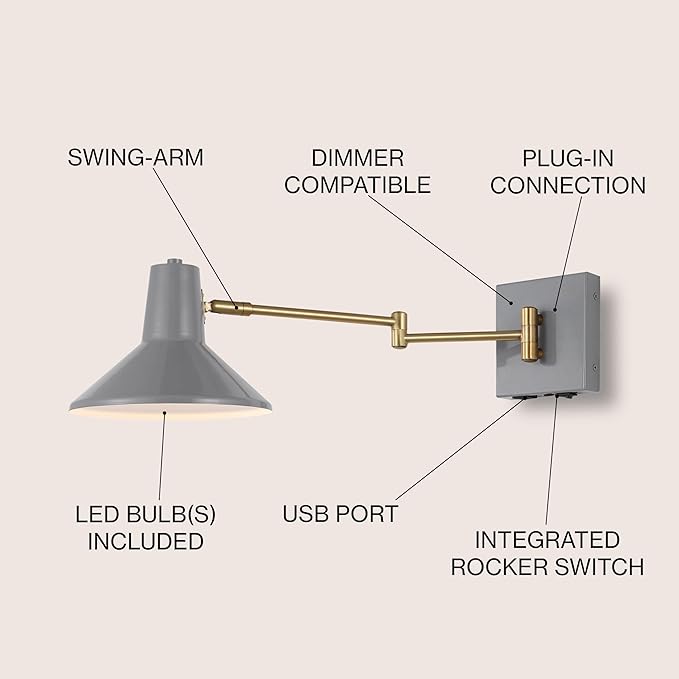 JONATHAN Y 16" Grey/Brass Gold 1-Light Modern Swing Arm Sconce with USB Port, Plug-in Midcentury LED Bedside Lamp with White Iron Shade for Bedroom Living Room (JYL1302C)