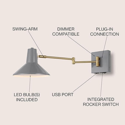 JONATHAN Y 16" Grey/Brass Gold 1-Light Modern Swing Arm Sconce with USB Port, Plug-in Midcentury LED Bedside Lamp with White Iron Shade for Bedroom Living Room (JYL1302C)