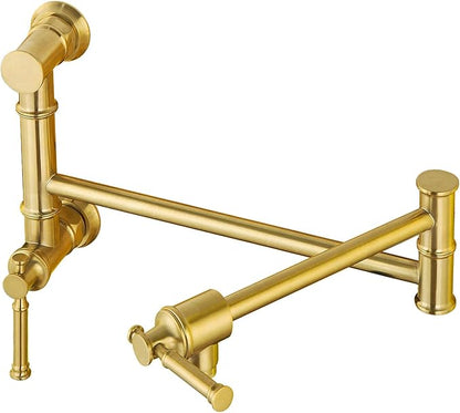 Brushed Gold Pot Filler, Lava Odoro Brass Pot Filler Faucet Two-Attachment Wall Mount Folding Kitchen Pot Filler Over Stove Pot Faucet Swing Arm, PF312-SG