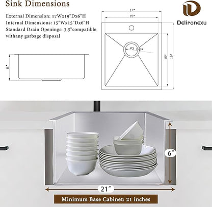 17 Inch Bar Sink Drop In – Delironexu Small Kitchen Sink, Modern 18 Gauge Stainless Steel sink with Brushed Finish, 17"x19"x6" Single Bowl kitchen Sinks for RV, Prep, and Outdoor Use