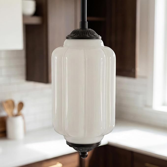 Farmhouse Pumpkin Pendant Light Vintage Milk Glass Shade, Brass Color Adjustable Canopy, Retro Industrial Glass Ceiling Light Fixture for Dining Room, Entryway，Kitchen Island (Black White)