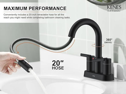 KENES Matte Black Centerset Bathroom Faucet with Pull Out Sprayer, 4 Inch 2 Handle Pull Down Bathroom Faucet 3 Hole, Bathroom Sink Faucet with Pop Up Drain & Supply Lines LJ-9069-2
