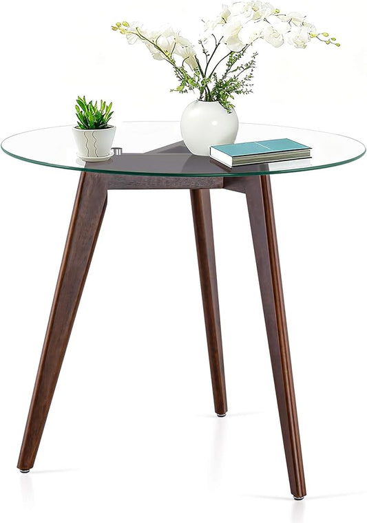 ivinta Round Glass Dining Table for 2-4 People, 31.5" Modern Circle Kitchen Table with Tempered Glass and Solid Wood Legs for Kitchen, Dining Room, Living Room or Restaurant, RD80 (Dark Brown)