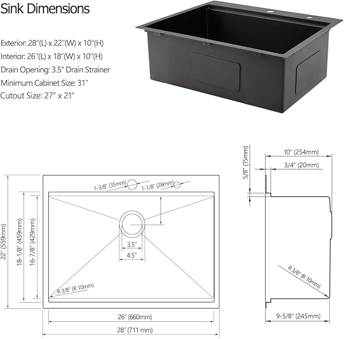 28 Black Drop in Kitchen Sink, Luckyhorse 16 Gauge Nano Black Stainless Steel 28x22x10 Inches Topmount Workstation Kitchen Sinks LH005S