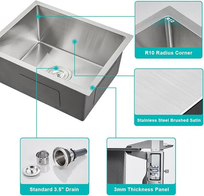 23 inch Undermount Kitchen Sink, 23x16 Inch Single Bowl Kitchen Sinks Undermount, 18 Gauge Stainless Steel 9 Inch Deep Sink Handmade Kitchen Sink, Brushed Nickel