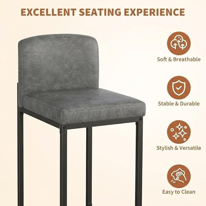 GarveeHome Bar Stools Set of 6, Modern Counter Height Bar Stools with Back and Footrest, Faux Leather Upholstered Barstools Chairs for Kitchen Island Dining Room Bar, Grey