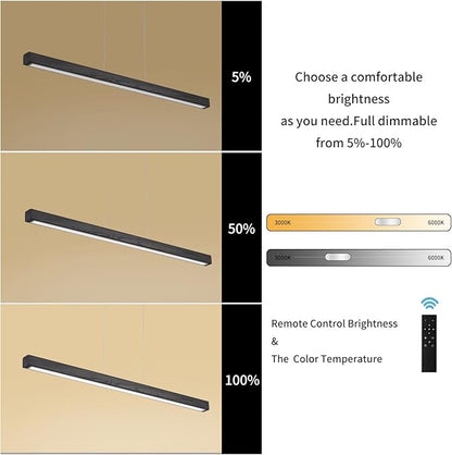 55 Inch LED Linear Pendant Light Black Wood LED Kitchen Island Lighting Dimmable Ceiling Hanging Chandeliers for Dining Room Living Room Bar Pool Table 36W Modern Farmhouse Fixture Black Wood Finish