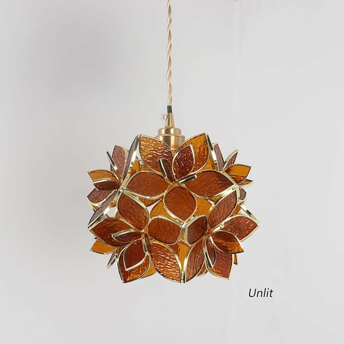 Bieye L11009 Petals Tiffany Style Stained Glass Ceiling Pendant Light for Home Decoration (Textured Amber, 8" Rose Lily)