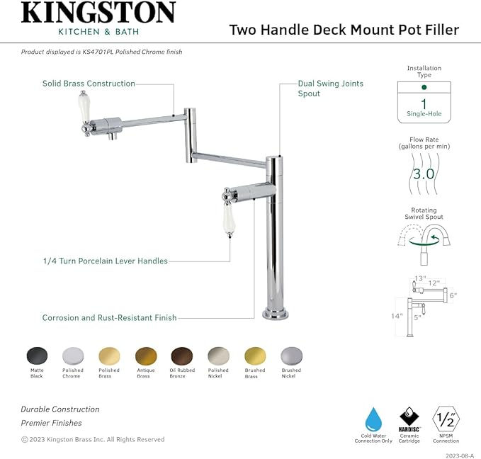 Kingston Brass KS4705PL Metropolitan Deck Mount Pot Filler, Oil Rubbed Bronze