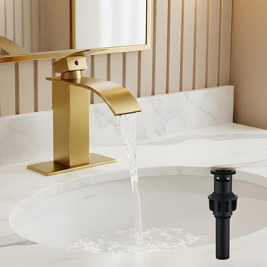 Bathroom Sink Faucet, Waterfall Bathroom Faucet with Pop-up Drain, Supply Hoses and Deck Plate, Suitable for 1 or 3 Holes, Brushed Gold