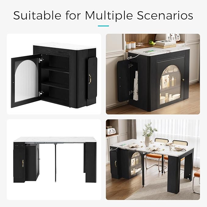 Mobile Extendable Dining Table with 3 Removable Middle Leaves and Power Outlets for 2-5 People, Kitchen Island with Storage Cabinet and Drawers, Kitchen Island Cart for Dining Room (Black)