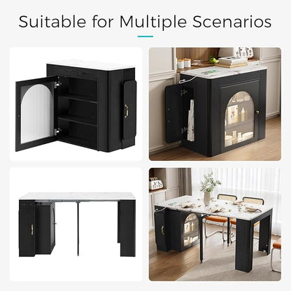 Mobile Extendable Dining Table with 3 Removable Middle Leaves and Power Outlets for 2-5 People, Kitchen Island with Storage Cabinet and Drawers, Kitchen Island Cart for Dining Room (Black)