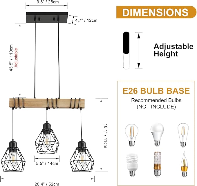 20" Farmhouse Kitchen Light Fixture, Black Hanging Kitchen Chandelier, 3-Light Rustic Dining Room Light Adjustable Height with Wood and Metal Frame, Suit for Farmhouse, Industrial Style
