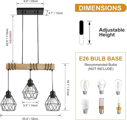 20" Farmhouse Kitchen Light Fixture, Black Hanging Kitchen Chandelier, 3-Light Rustic Dining Room Light Adjustable Height with Wood and Metal Frame, Suit for Farmhouse, Industrial Style
