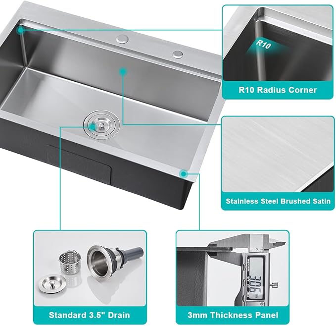 30 Inch Brushed Drop in Workstation Sink - 18 Gauge Satinless Steel Handmade, 9 inch Deep Single Bowl Topmount with Ledge, D30"xW18"xH9"