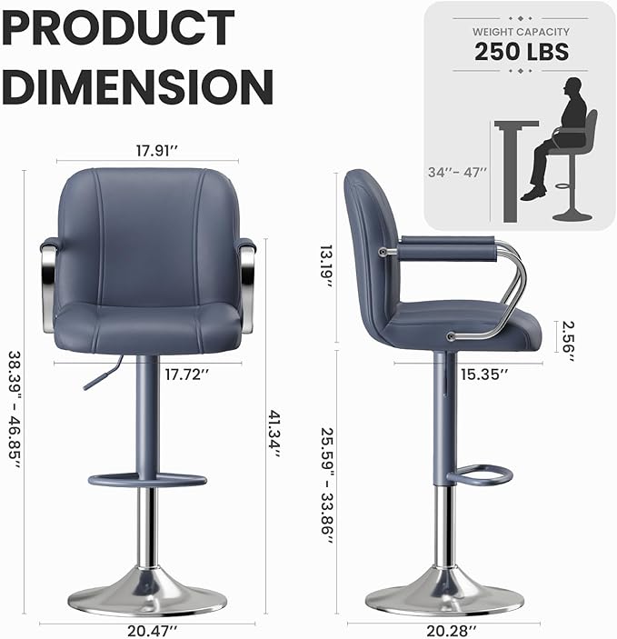 MALOL Set of 2 Blue Counter Height Stools with Backs – Adjustable Swivel Kitchen Island Seating, Modern Upholstered Chairs for Home Bar, Taburetes para Barra de Cocina