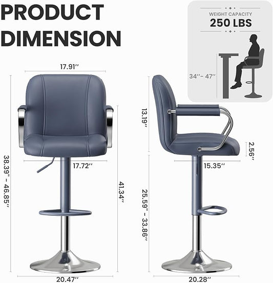 MALOL Set of 2 Blue Counter Height Stools with Backs – Adjustable Swivel Kitchen Island Seating, Modern Upholstered Chairs for Home Bar, Taburetes para Barra de Cocina