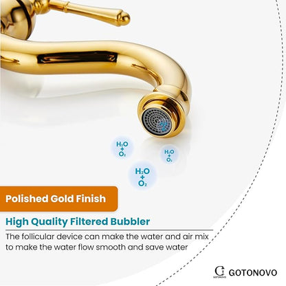 gotonovo Vessel Sink Faucet 360° Swivel Spout Single Handle Tall Bathroom Faucet 1 Hole Farmhouse Lavatory Washbasin Mixer Tap Matching Supply Hoses, with Pop Up Drain, Polish Gold