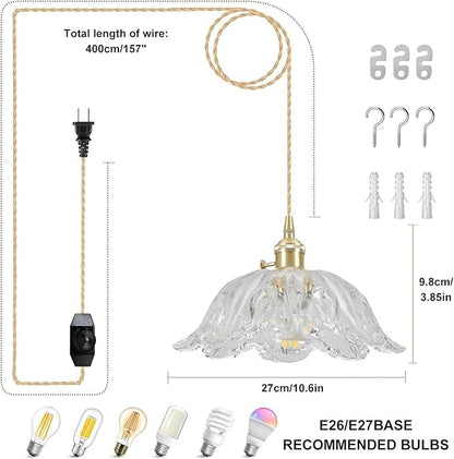 Plug in Pendant Light Fixtures,Hanging Light Fixture Transparent Glass Pendant Light 10.6in E26 Pendant Lighting for Kitchen Island, Bedroom, Dining Room, Living Room
