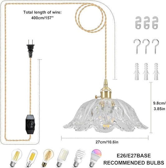 Plug in Pendant Light Fixtures,Hanging Light Fixture Transparent Glass Pendant Light 10.6in E26 Pendant Lighting for Kitchen Island, Bedroom, Dining Room, Living Room
