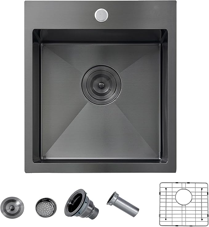 15 Gunmetal Black Bar Sink, Drop in 16 Gauge Stainless Steel 13x15x9 Wet Bar Prep RV Outdoor Small Kitchen Sink Top mount Single Bowl with Bottom Grid & Drain