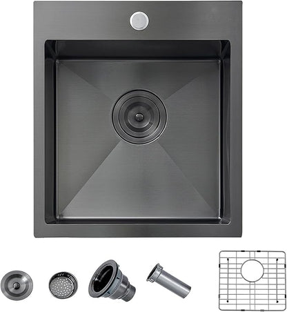 15 Gunmetal Black Bar Sink, Drop in 16 Gauge Stainless Steel 13x15x9 Wet Bar Prep RV Outdoor Small Kitchen Sink Top mount Single Bowl with Bottom Grid & Drain