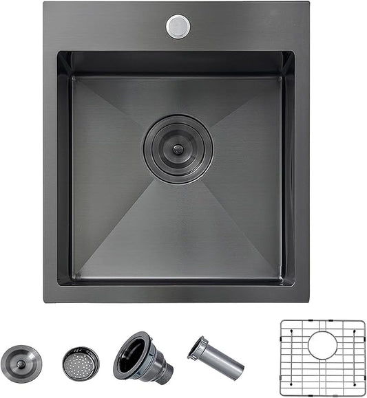 15 Gunmetal Black Bar Sink, Drop in 16 Gauge Stainless Steel 13x15x9 Wet Bar Prep RV Outdoor Small Kitchen Sink Top mount Single Bowl with Bottom Grid & Drain
